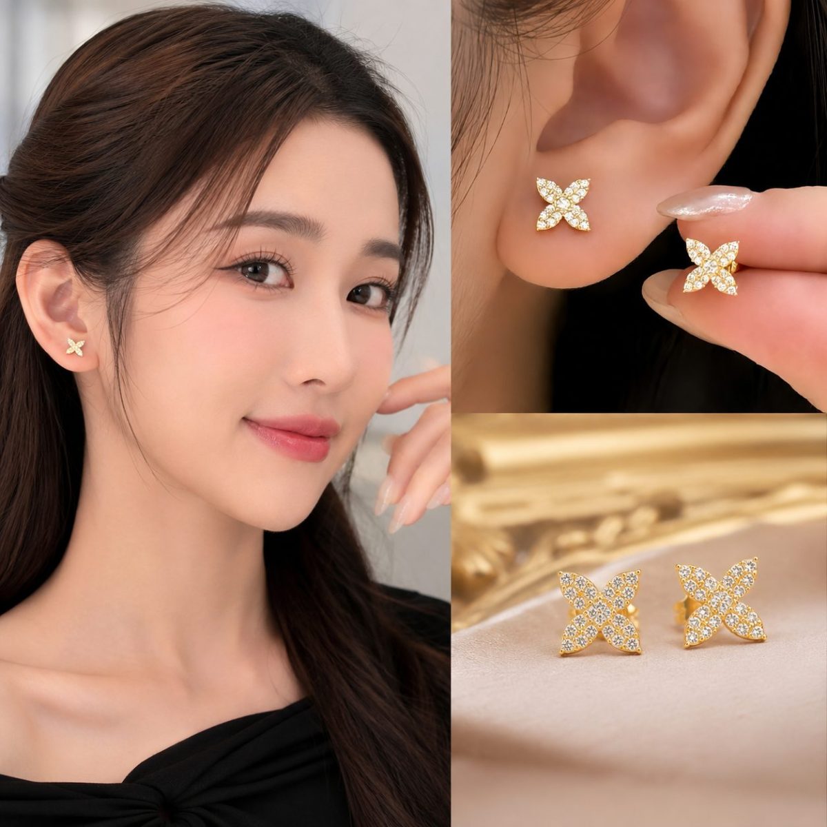 Bông Tai Cỏ 4 Lá Đính Đá Sang Trọng – Bông Tai Nữ Đẹp Vàng 10K Hot Trend 2026