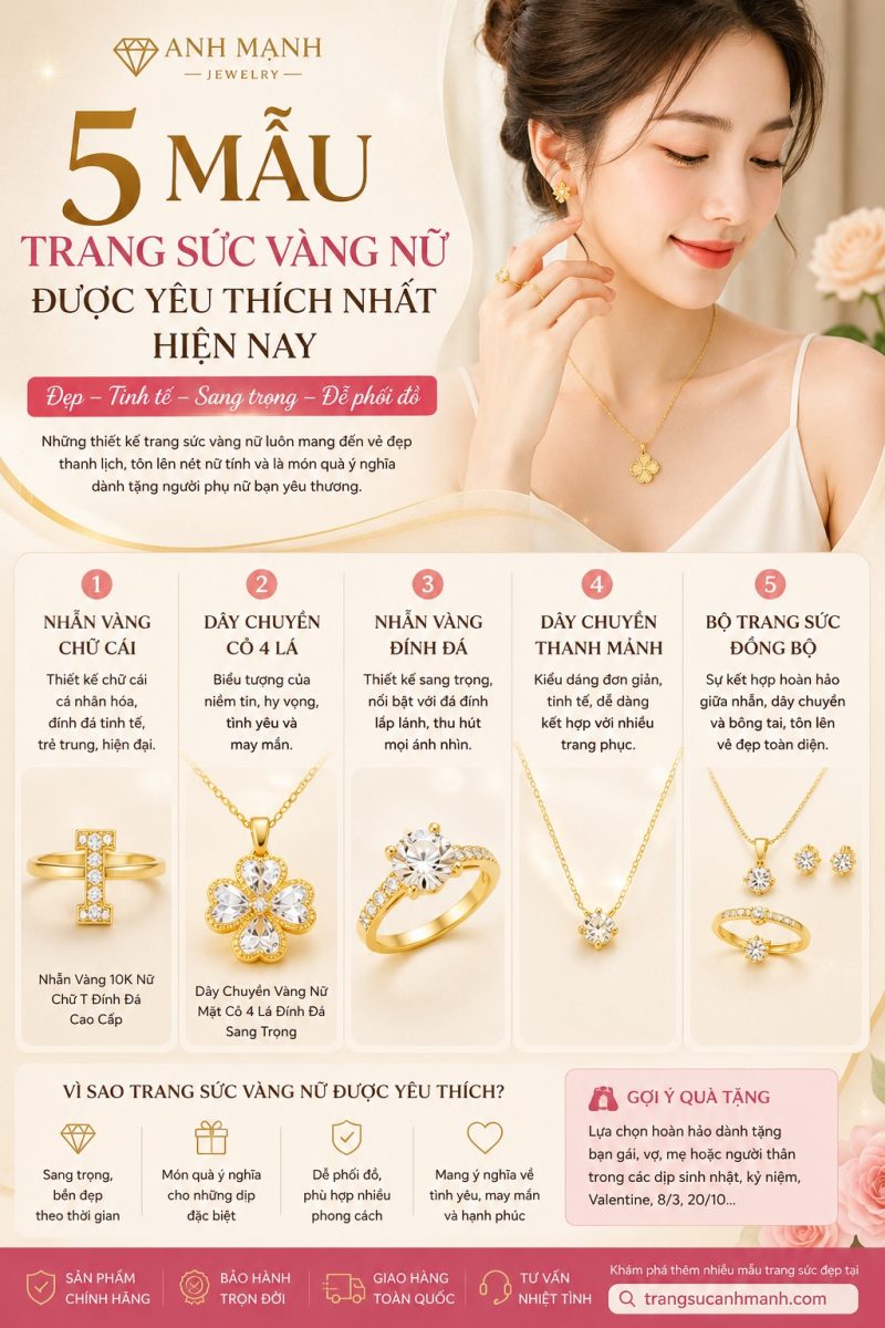 5 Mẫu Trang Sức Vàng Nữ Được Yêu Thích Nhất Hiện Nay