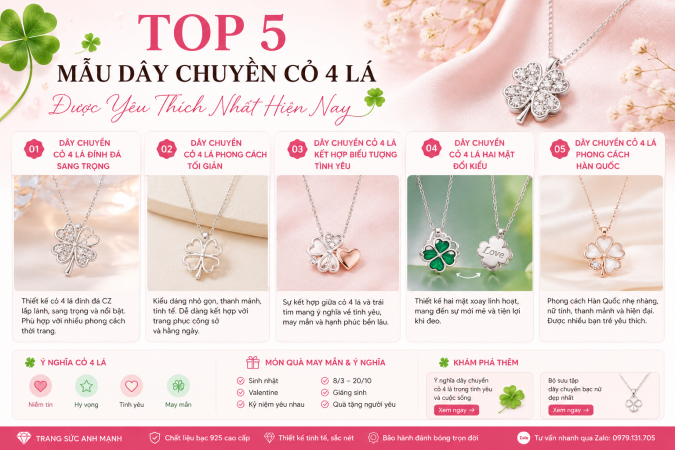 5 kiểu dây chuyền cỏ 4 lá đẹp và cách chọn phù hợp