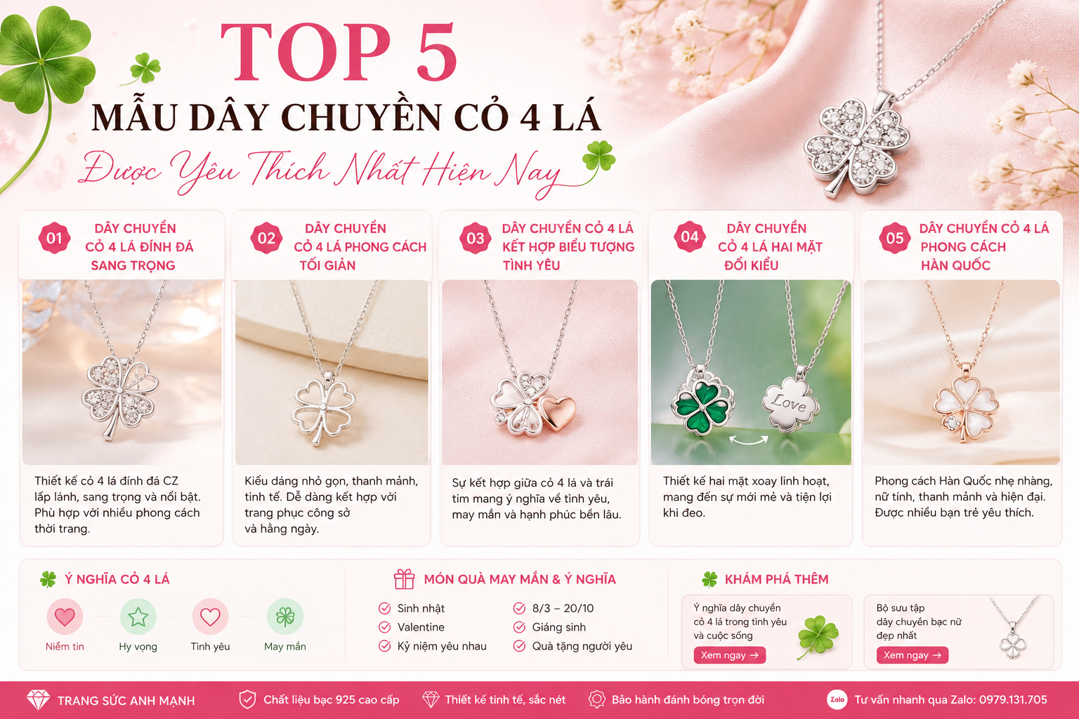 Top 5 Mẫu Dây Chuyền Cỏ 4 Lá Được Yêu Thích Nhất Hiện Nay