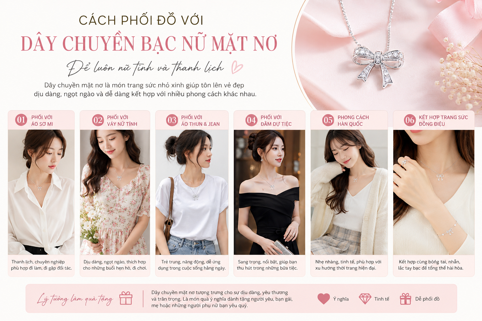 Cách Phối Đồ Với Dây Chuyền Bạc Nữ Mặt Nơ