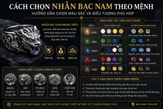 Cách chọn nhẫn bạc nam theo mệnh – Hướng dẫn chọn màu sắc và biểu tượng phù hợp