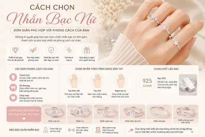 Cách chọn nhẫn bạc nữ đơn giản: Hợp dáng tay, dễ phối đồ