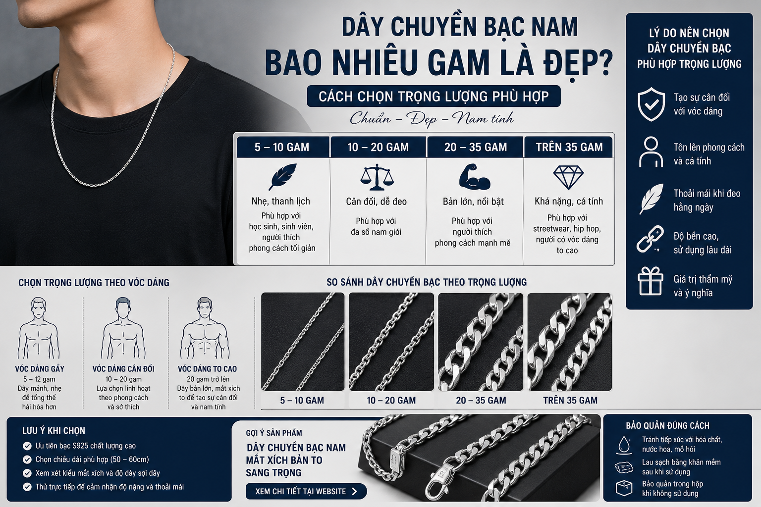 Dây Chuyền Bạc Nam Bao Nhiêu Gam Là Đẹp? Cách Chọn Trọng Lượng Phù Hợp Với Từng Vóc Dáng