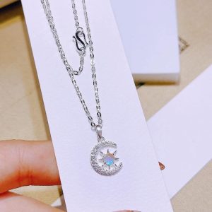 Dây Chuyền Bạc Nữ Mặt Trăng Ngôi Sao Đính Đá Opal Lung Linh