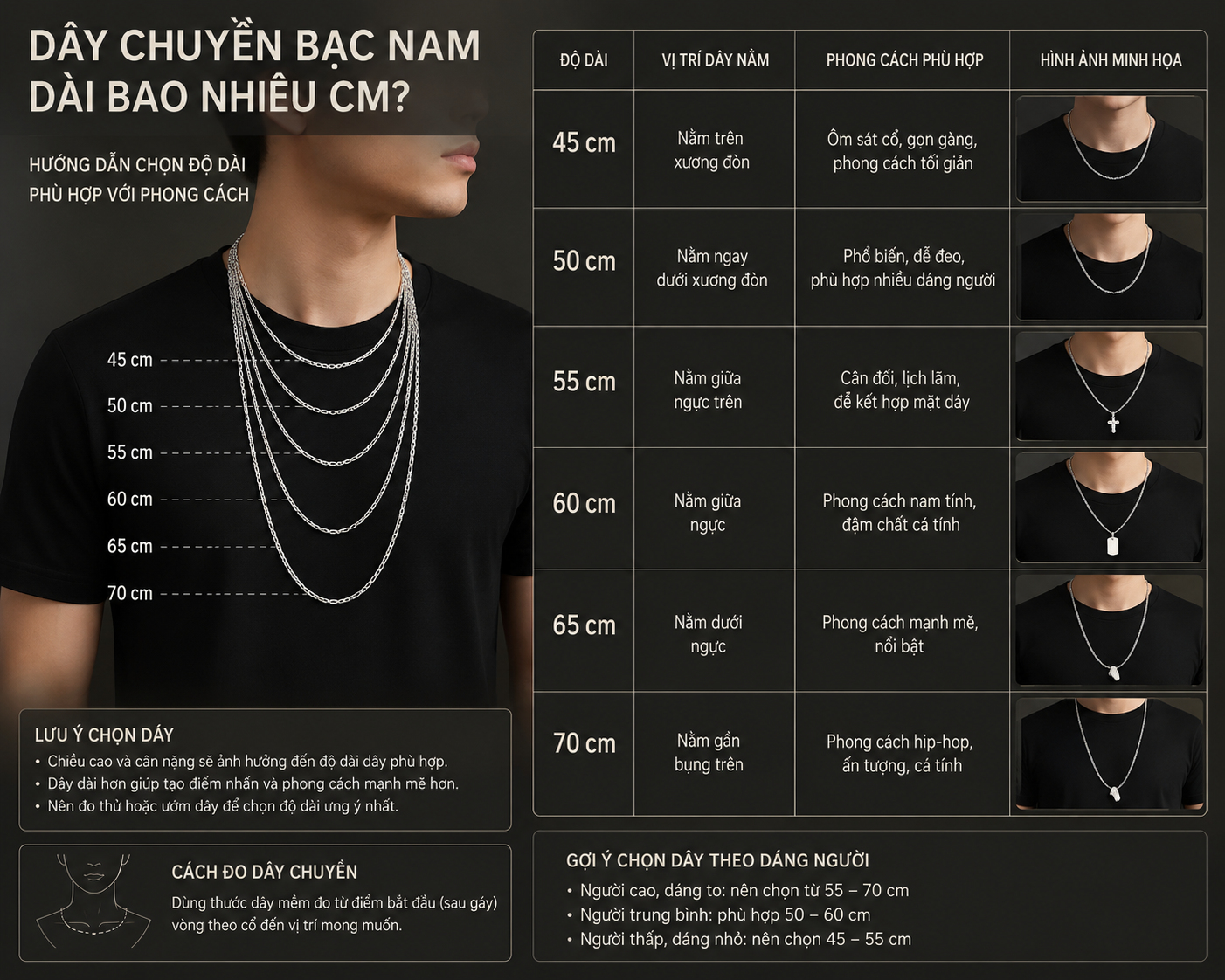 Nên Chọn Dây Chuyền Bạc Nam Dài Bao Nhiêu Cm? Hướng Dẫn Chọn Theo Chiều Cao Và Vóc Dáng