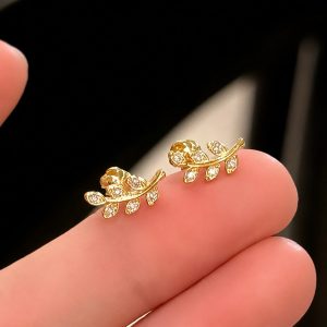 Khuyên Tai Vàng Nữ Cành Lá Đính Đá Cao Cấp