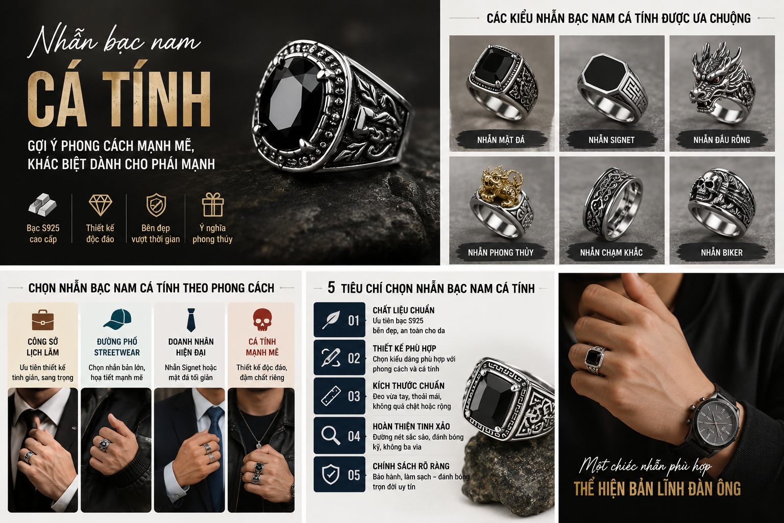 Nhẫn bạc nam cá tính