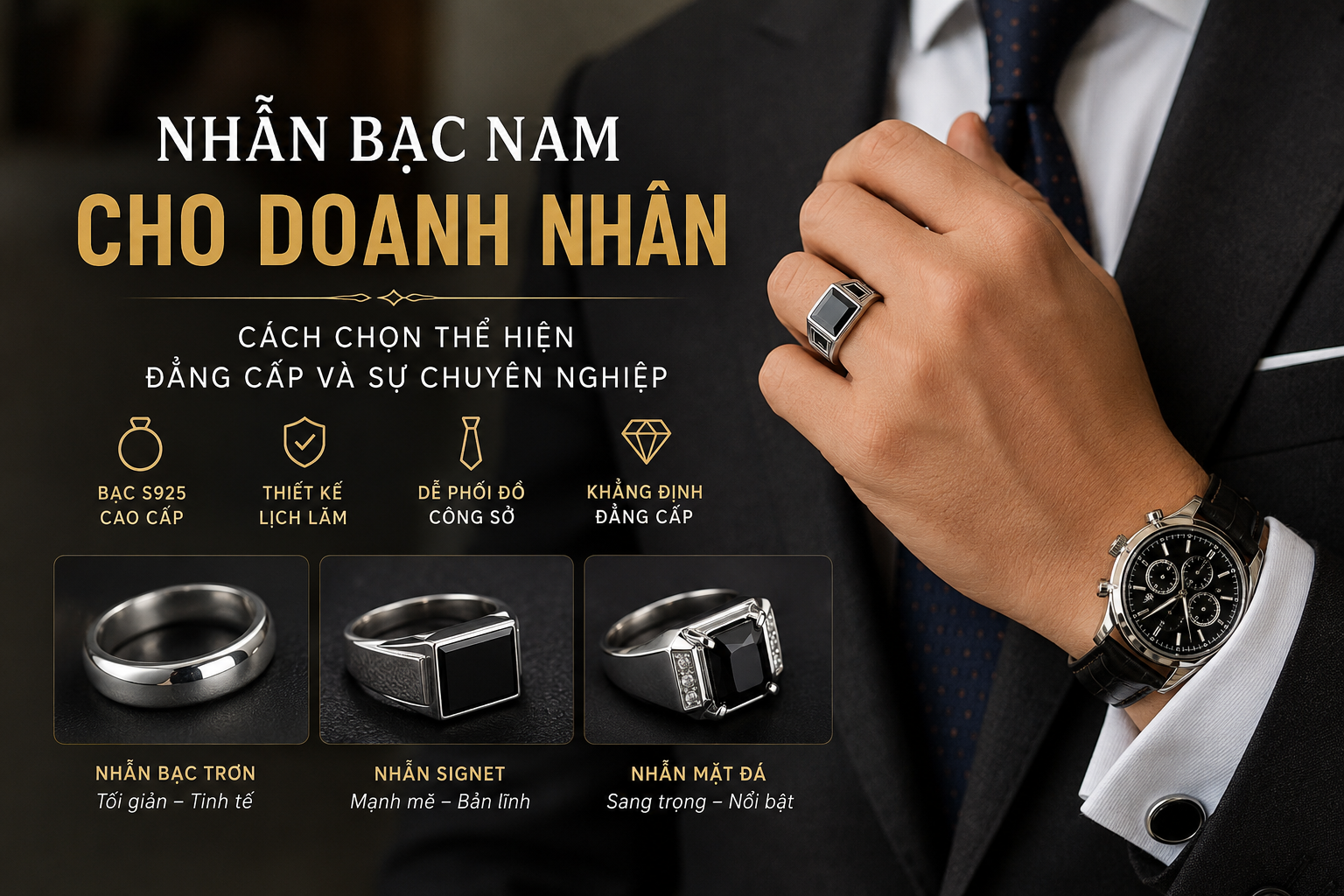 Nhẫn bạc nam cho doanh nhân – Cách chọn thể hiện đẳng cấp và sự chuyên nghiệp
