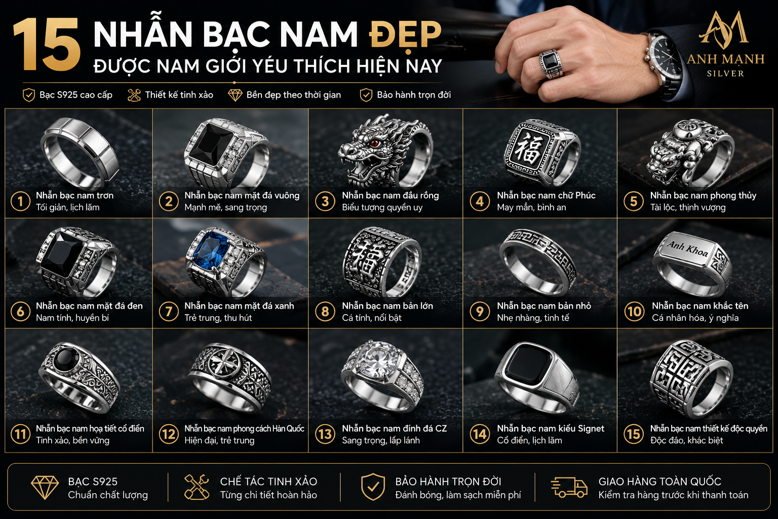 Nhẫn bạc nam đẹp – 15 mẫu được nam giới yêu thích hiện nay và cách chọn phù hợp