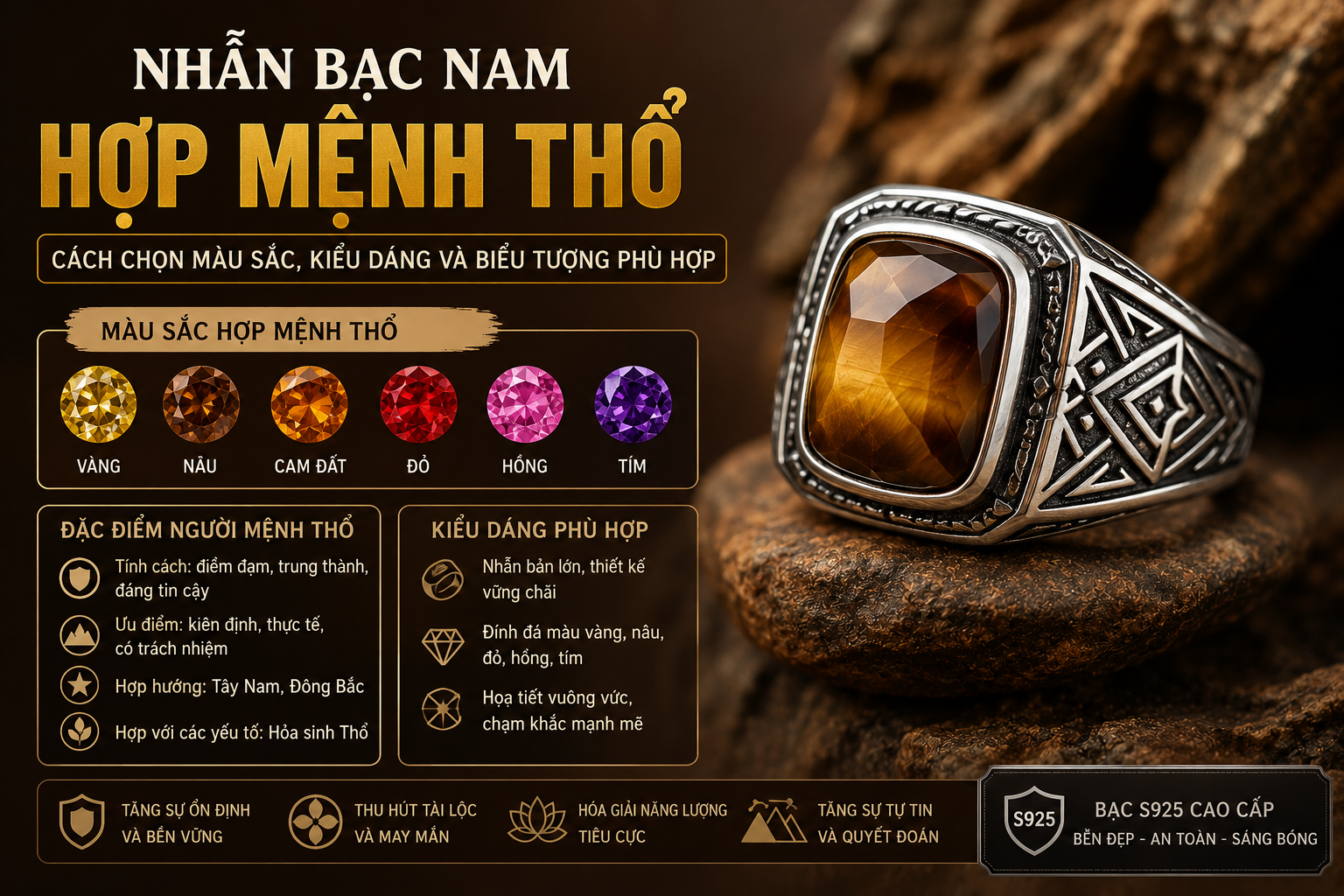 Nhẫn bạc nam hợp mệnh Thổ