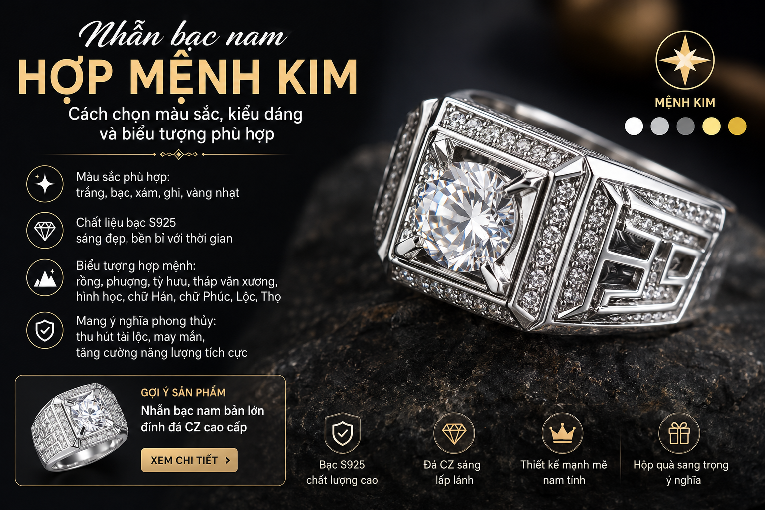Nhẫn bạc nam hợp mệnh Kim – Cách chọn màu sắc, biểu tượng và kiểu dáng phù hợp