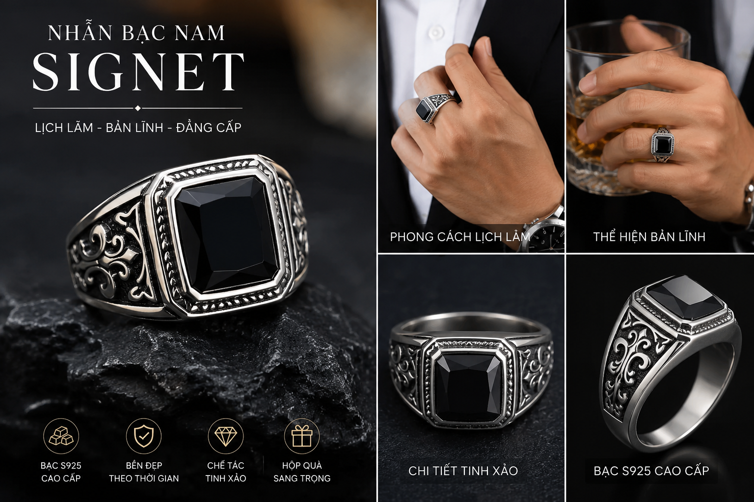 Nhẫn bạc nam Signet – Biểu tượng của phong cách lịch lãm và bản lĩnh