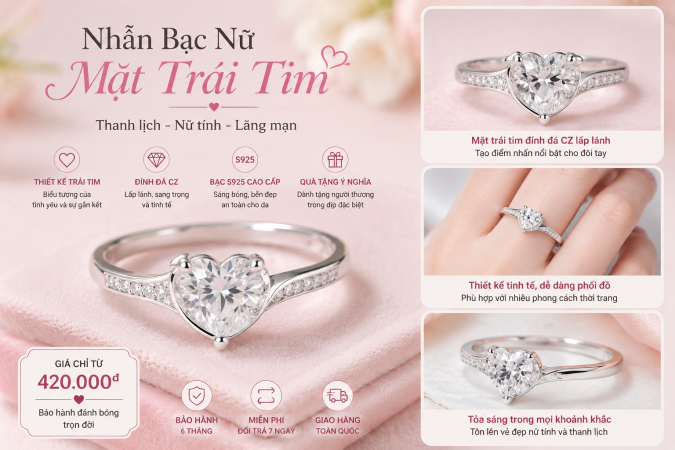 Nhẫn bạc nữ mặt trái tim có đẹp không