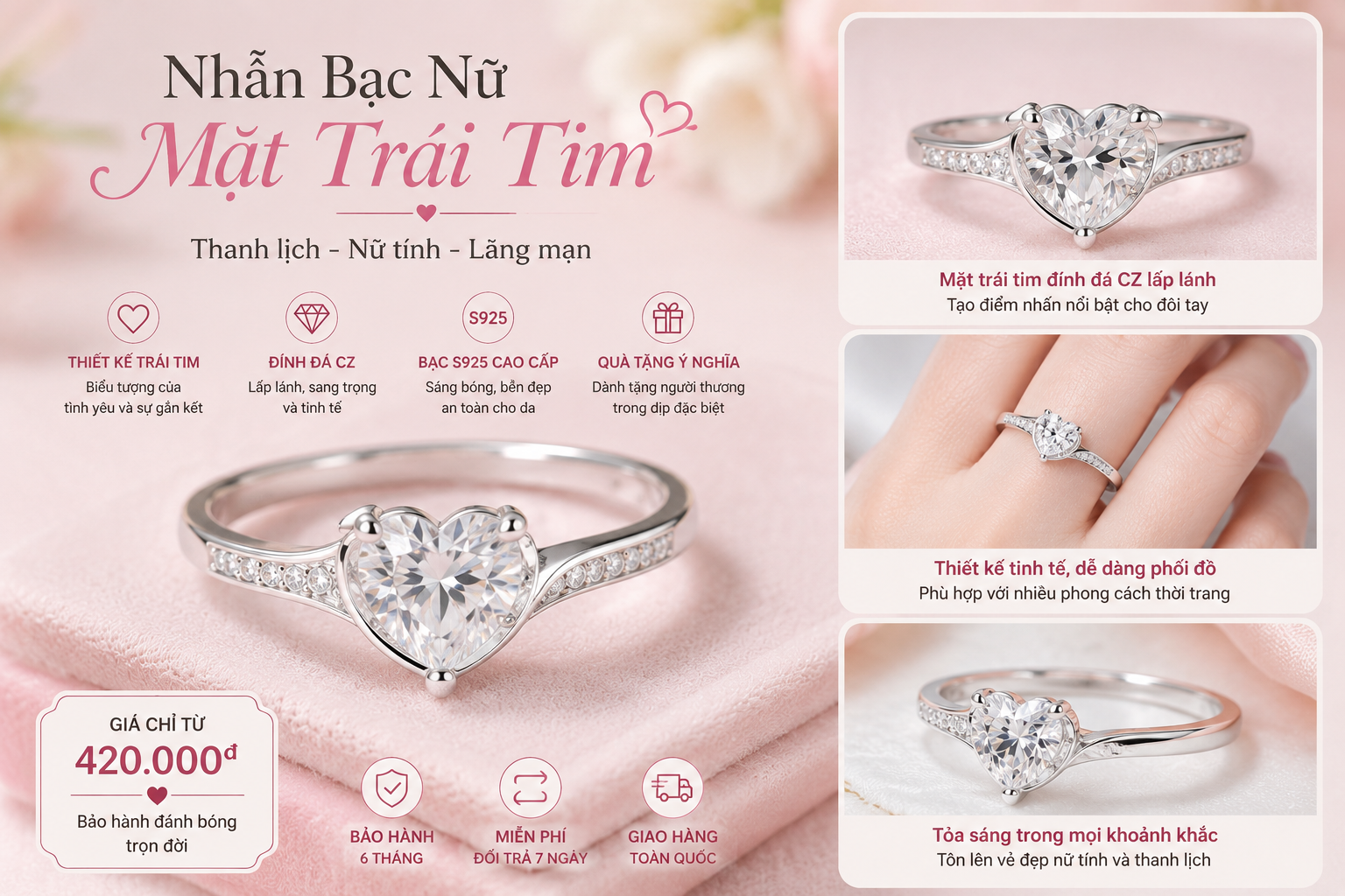 Nhẫn bạc nữ mặt trái tim có đẹp không