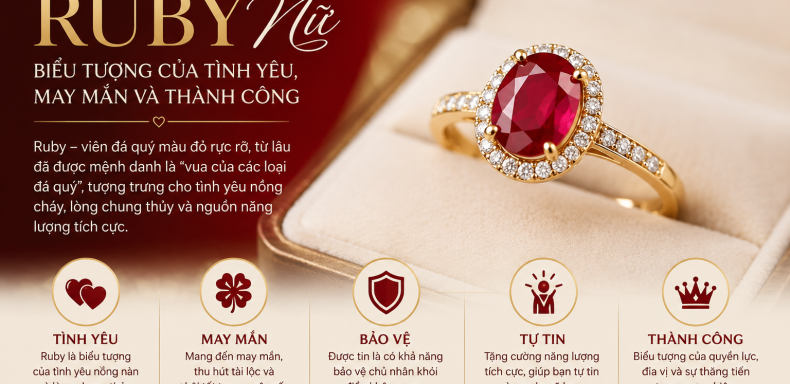 Nhẫn đá Ruby nữ màu đỏ trên nền vàng sang trọng biểu tượng của tình yêu may mắn và thành công