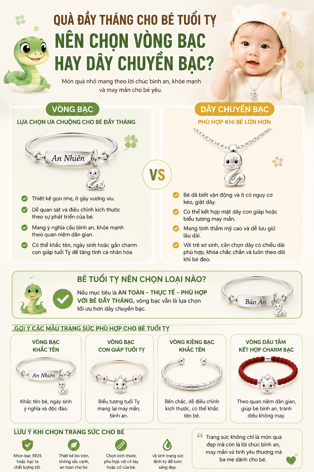 Quà Đầy Tháng Cho Bé Tuổi Tỵ Nên Chọn Vòng Bạc Hay Dây Chuyền Bạc?
