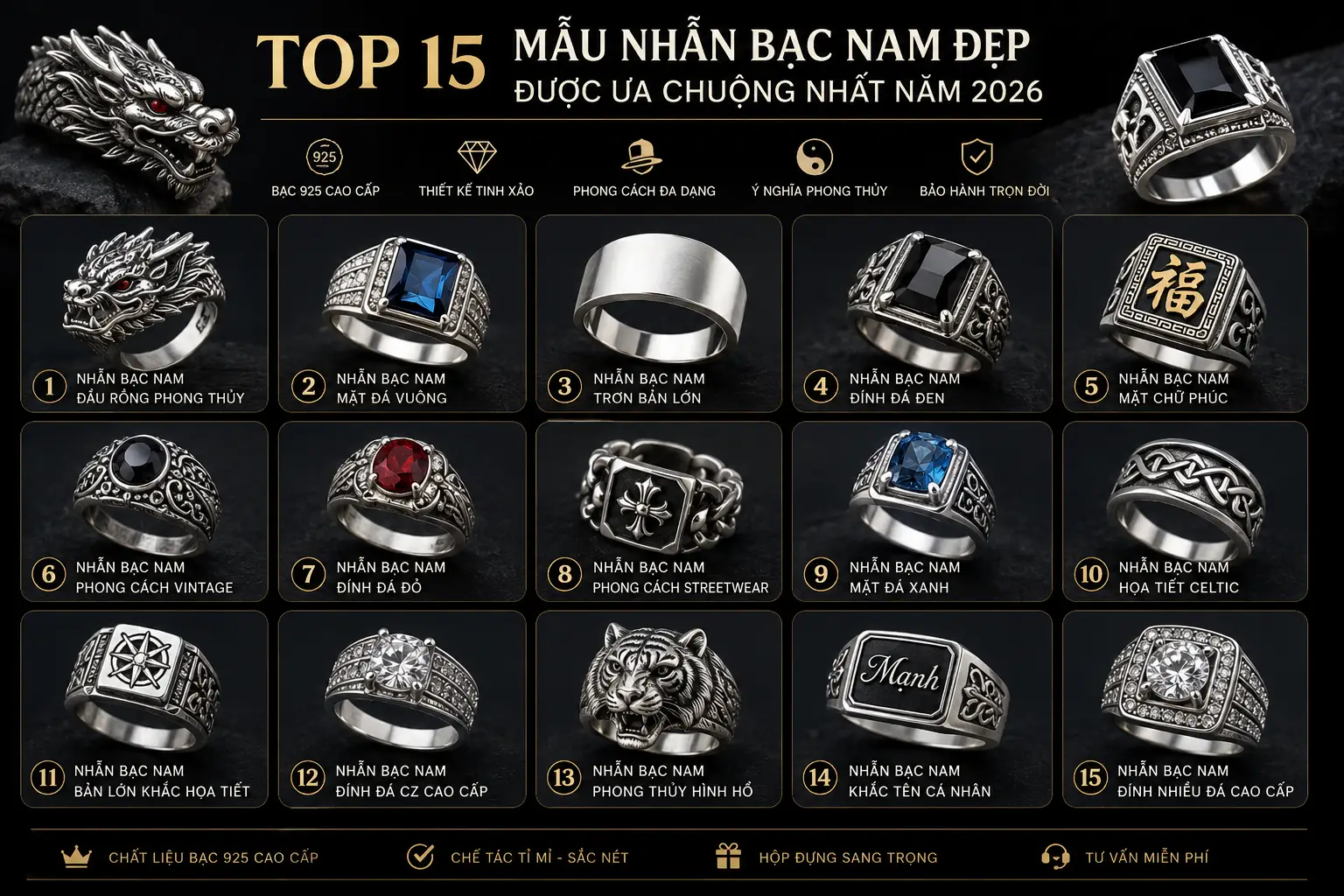 Top 15 Mẫu Nhẫn Bạc Nam Đẹp Được Ưa Chuộng Nhất Năm 2026