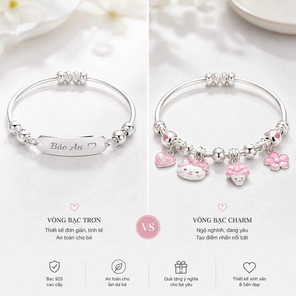 Vòng Bạc Trơn Hay Vòng Bạc Có Charm Phù Hợp Với Bé Hơn?