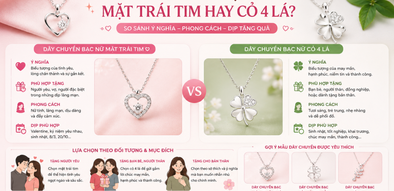 dây chuyền bạc nữ mặt trái tim hay cỏ lá