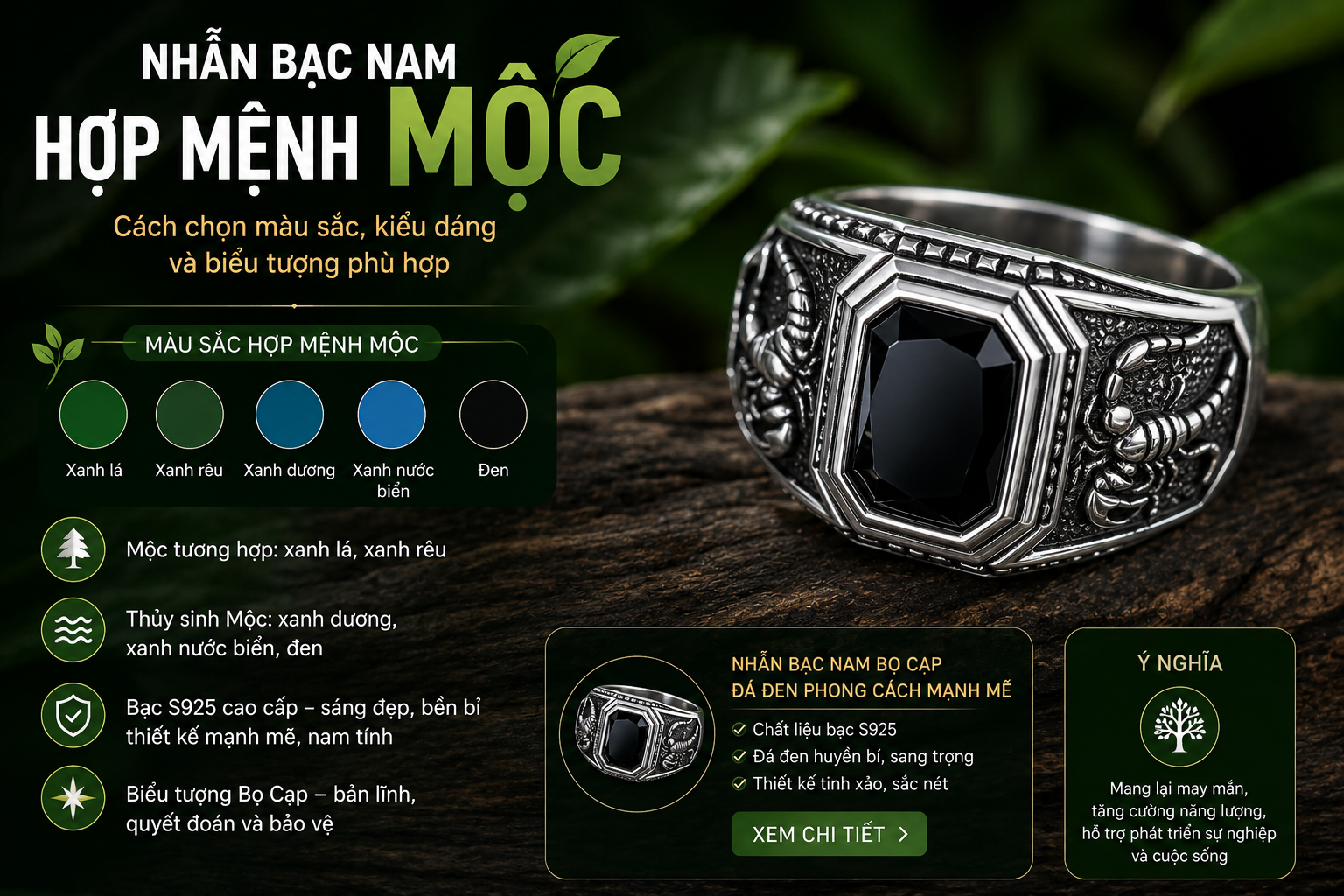 Nhẫn bạc nam hợp mệnh Mộc