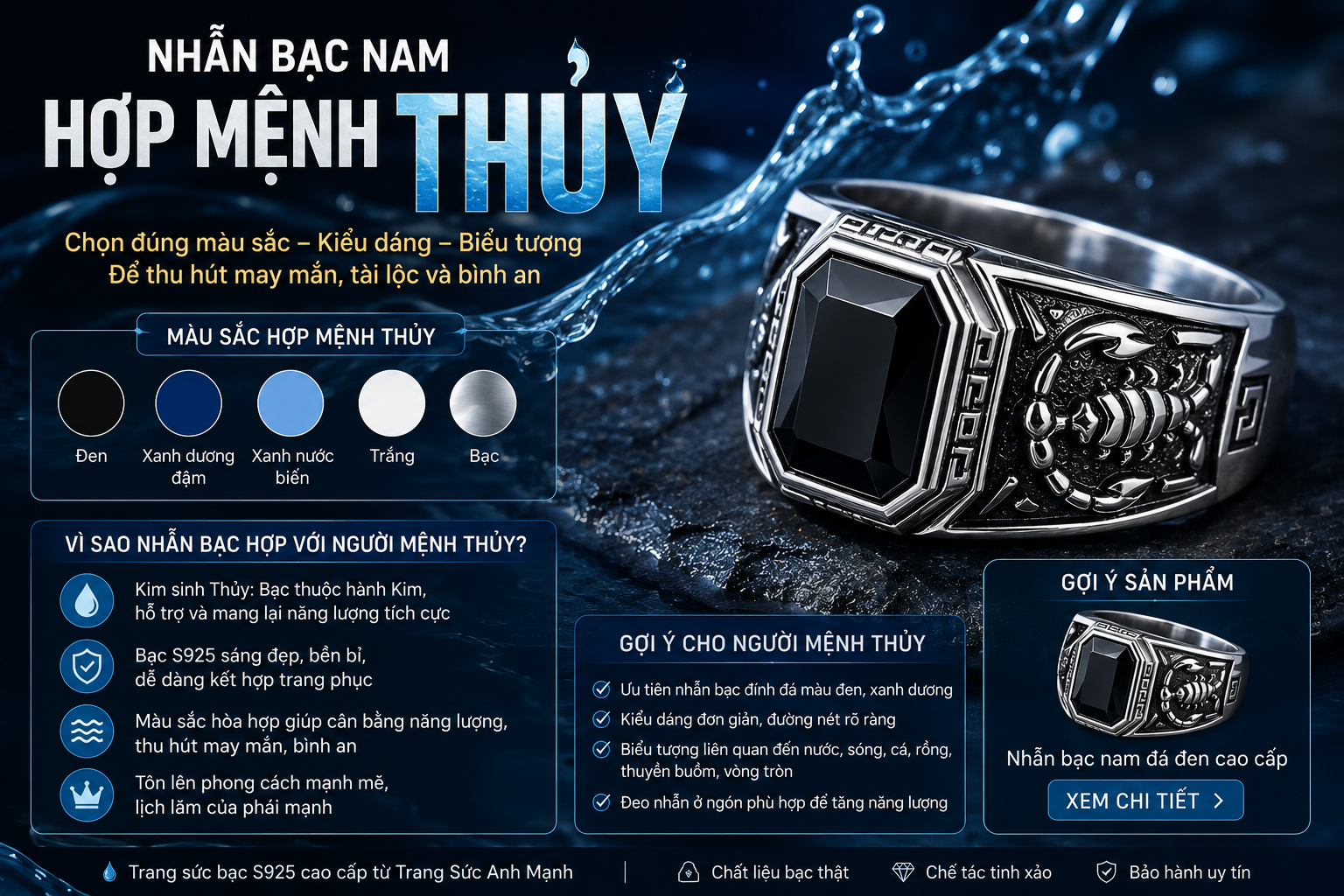 Nhẫn bạc nam hợp mệnh Thủy