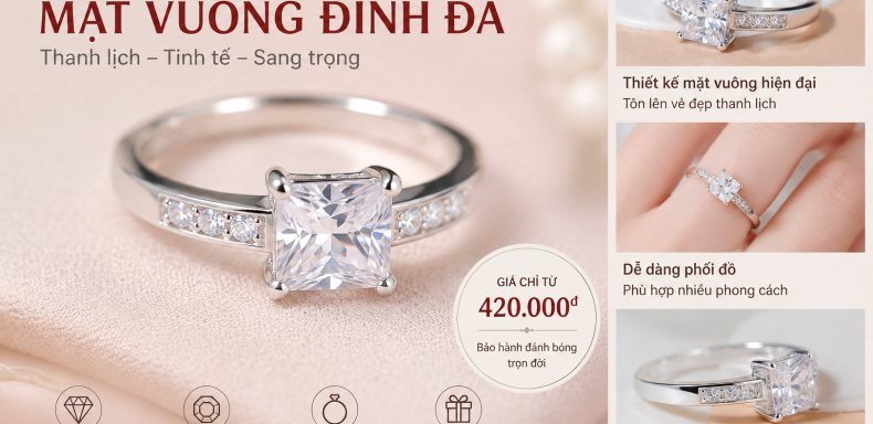 nhẫn bạc nữ mặt vuông đính đá