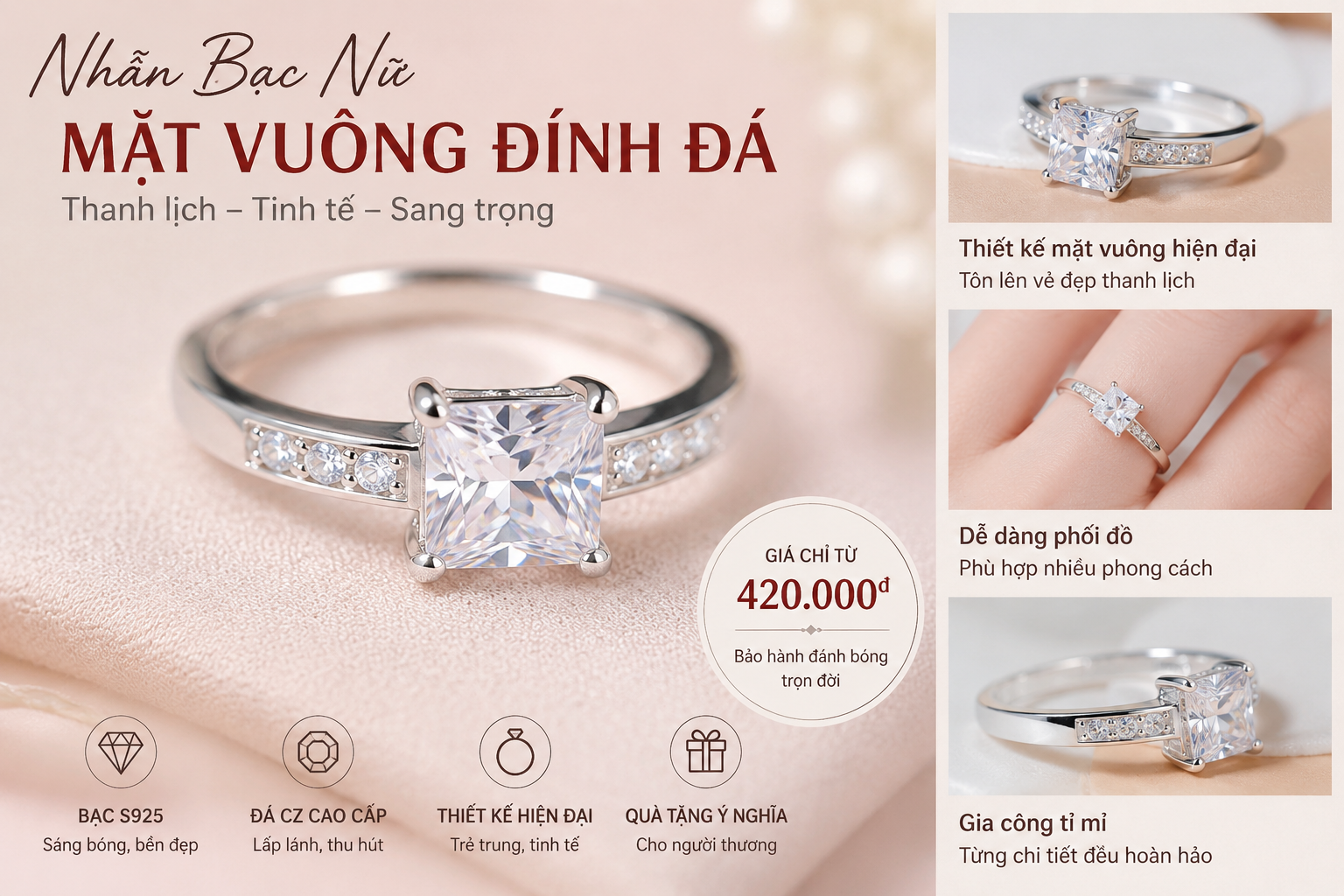 Nhẫn bạc nữ mặt vuông đính đá có đẹp không