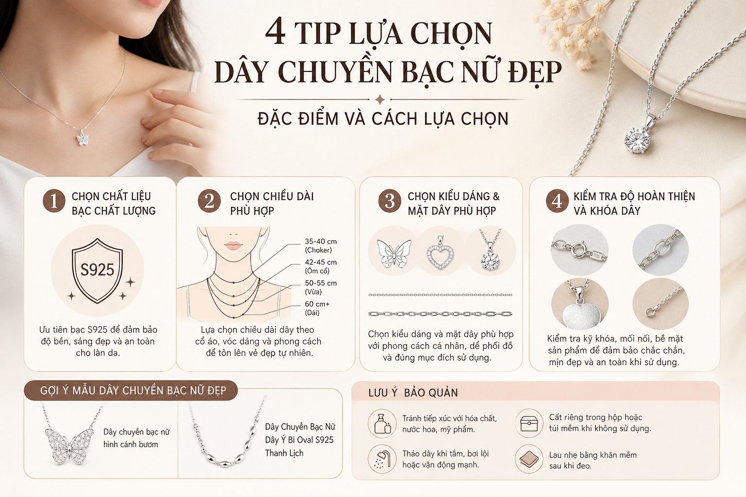 4 tip lựa chọn dây chuyền bạc nữ đẹp là gì? Đặc điểm và cách lựa chọn