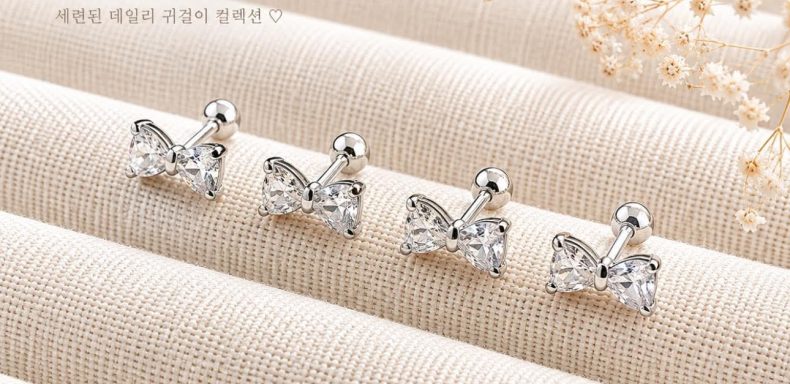 Bông tai bạc nơ hồng khóa ren cho bé