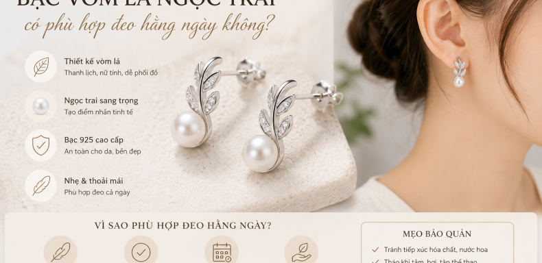 Bông tai bạc vòm lá ngọc trai