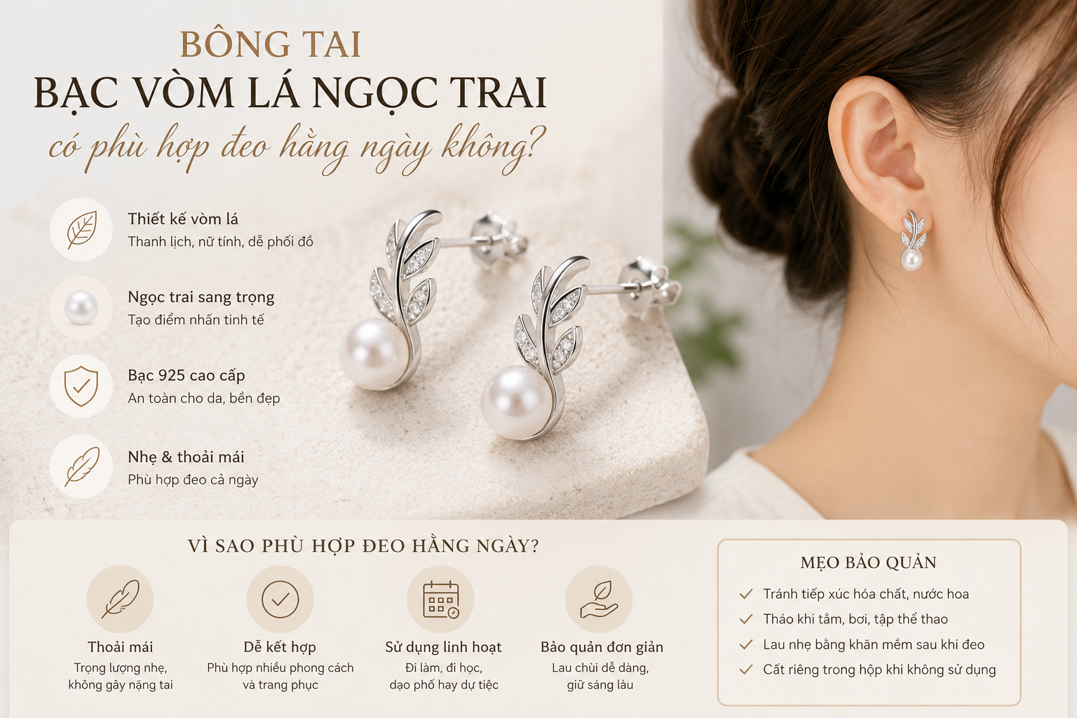 Bông tai bạc vòm lá ngọc trai