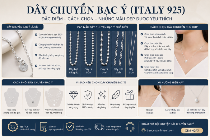 4 mẫu dây chuyền bạc Ý S925: Bi tròn, oval, cắt giác, mắt xích