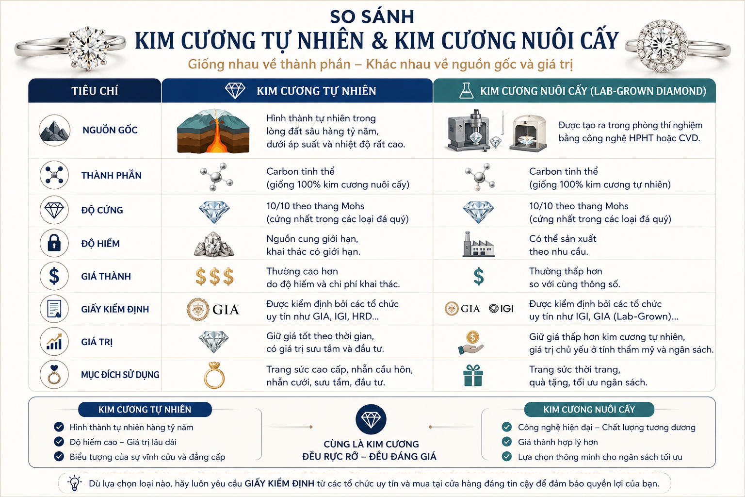 Infographic so sánh kim cương tự nhiên và kim cương nuôi cấy