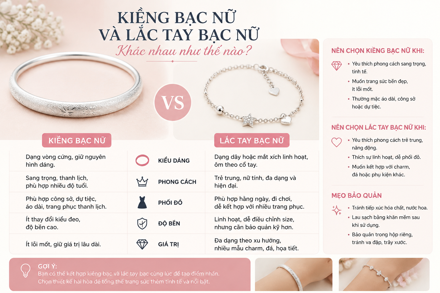 Kiềng bạc nữ và lắc tay bạc nữ khác nhau như thế nào?