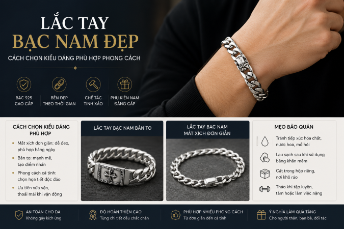 Lắc tay bạc nam đẹp Cách chọn kiểu dáng phù hợp phong cách