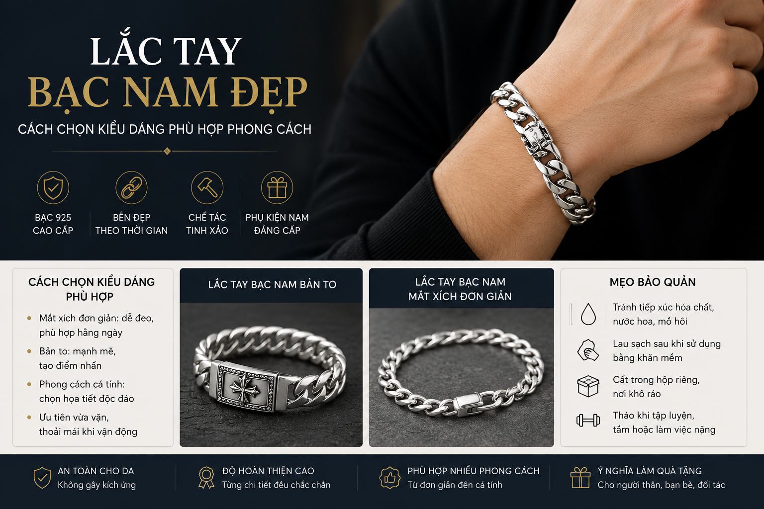 Lắc tay bạc nam đẹp Cách chọn kiểu dáng phù hợp phong cách