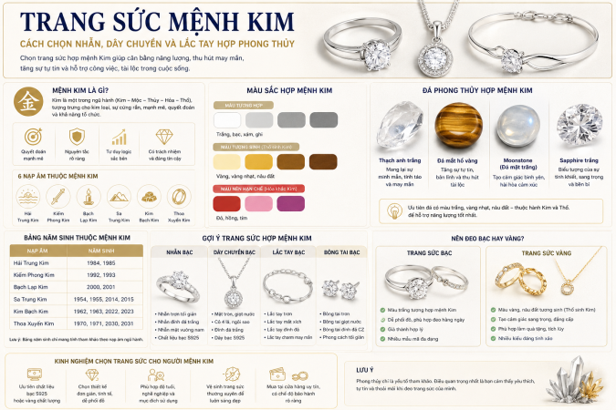 Trang sức mệnh Kim: Cách chọn nhẫn, dây chuyền và lắc tay hợp phong thủy
