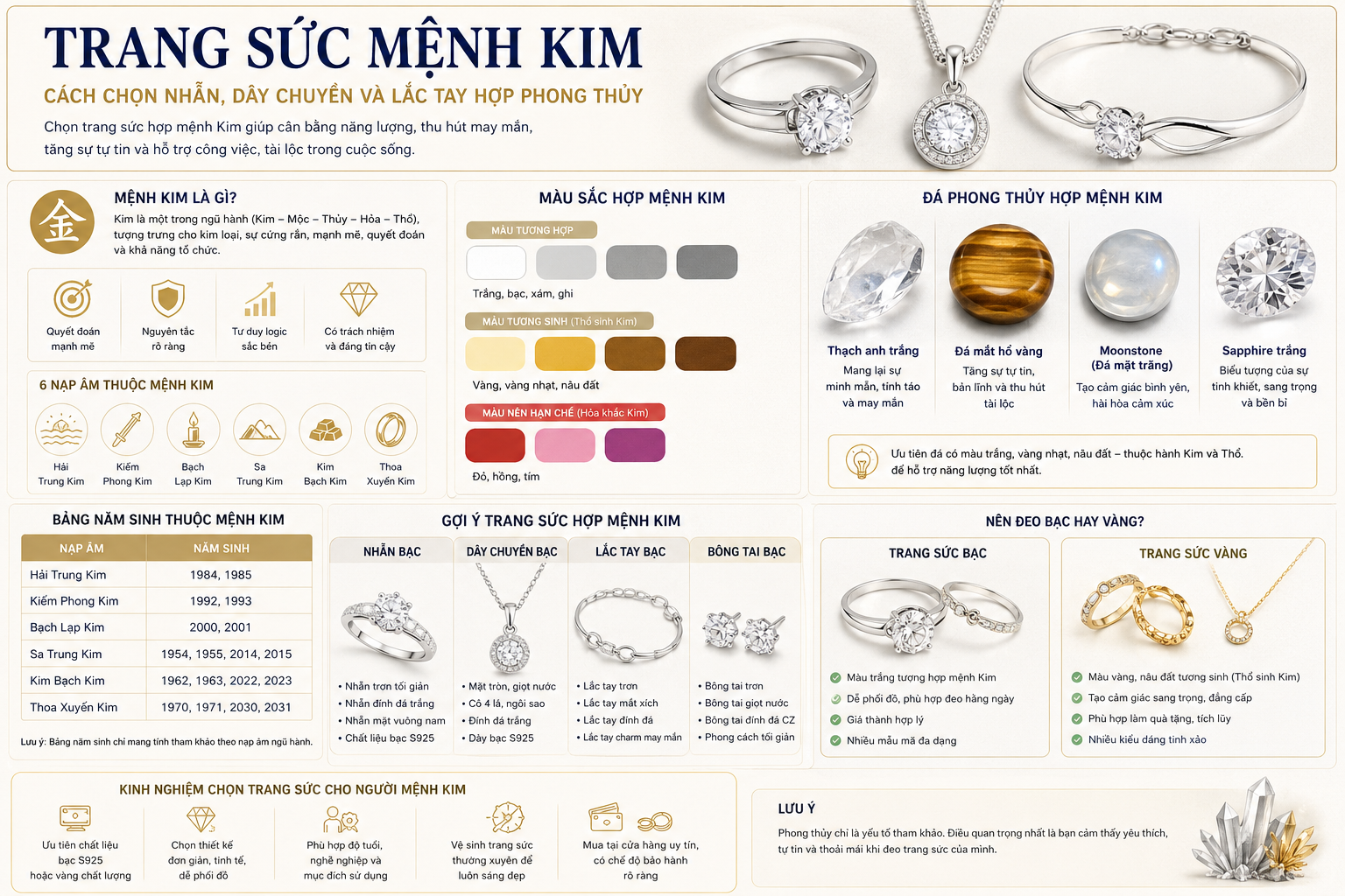 Trang sức mệnh Kim: Cách chọn nhẫn, dây chuyền và lắc tay hợp phong thủy