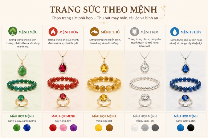 Trang sức theo mệnh ngũ hành: Cách chọn trang sức hợp Kim, Mộc, Thủy, Hỏa, Thổ