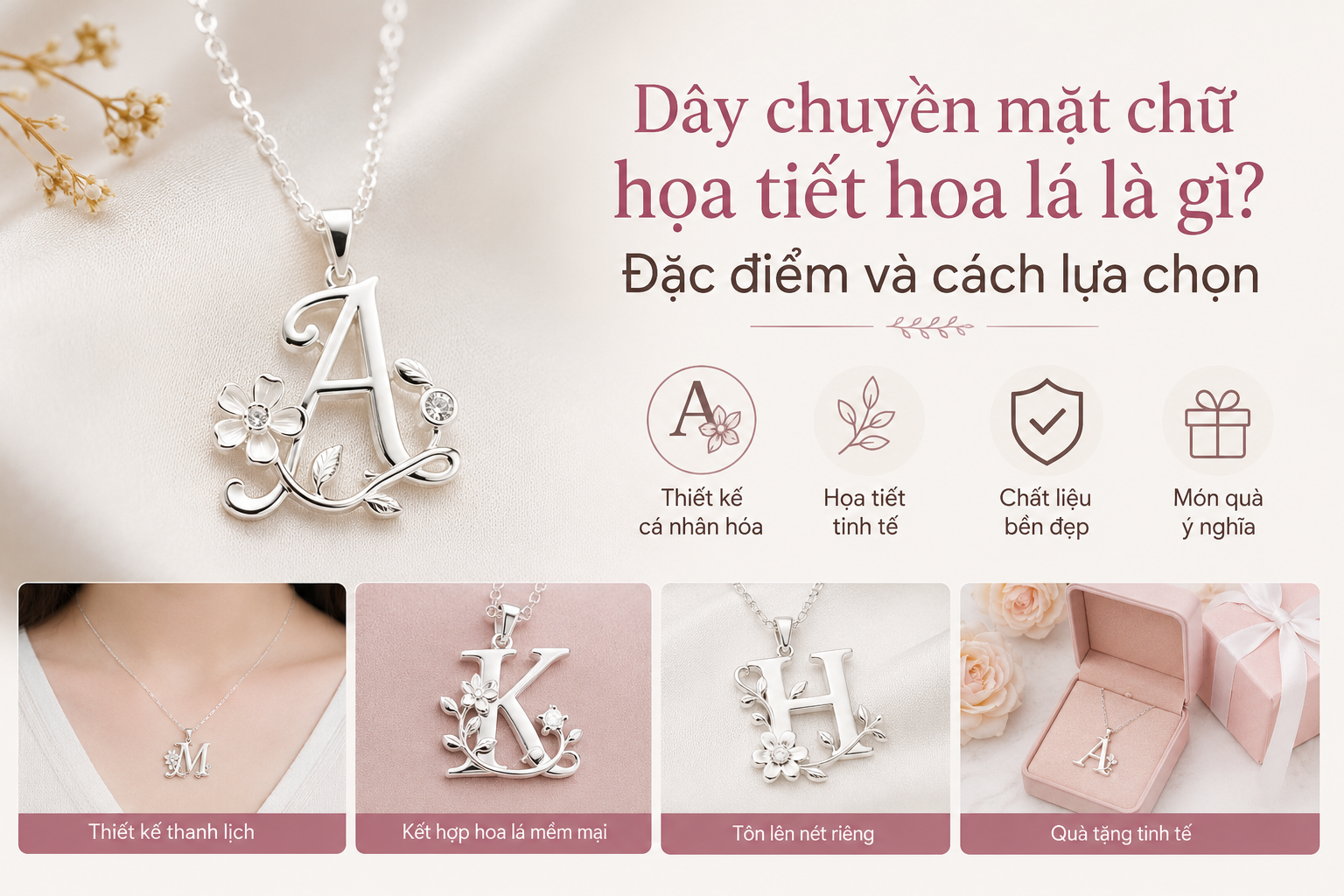 dây chuyền mặt chữ họa tiết hoa lá