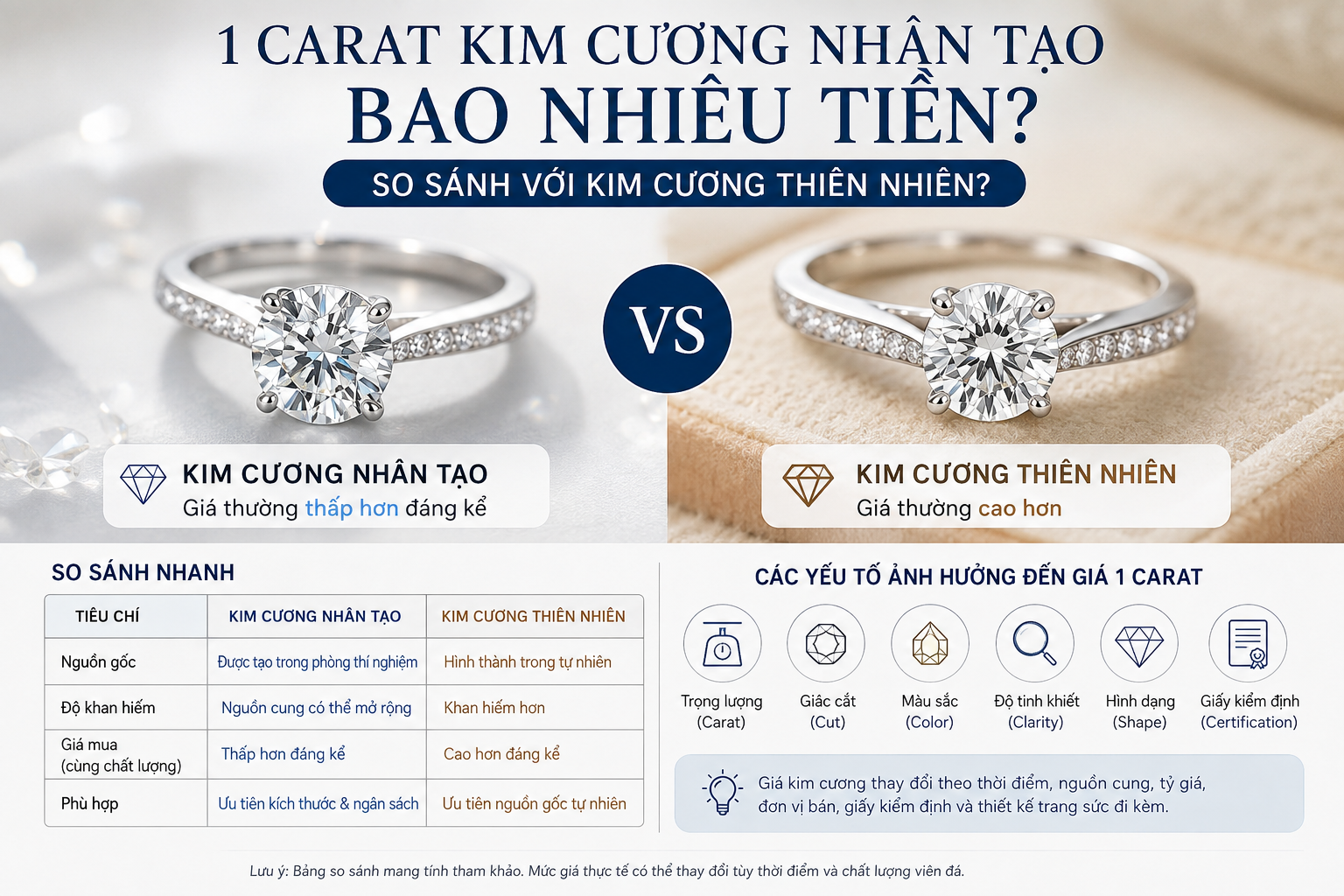 1 carat kim cương nhân tạo bao nhiêu tiền? So sánh với kim cương thiên nhiên?