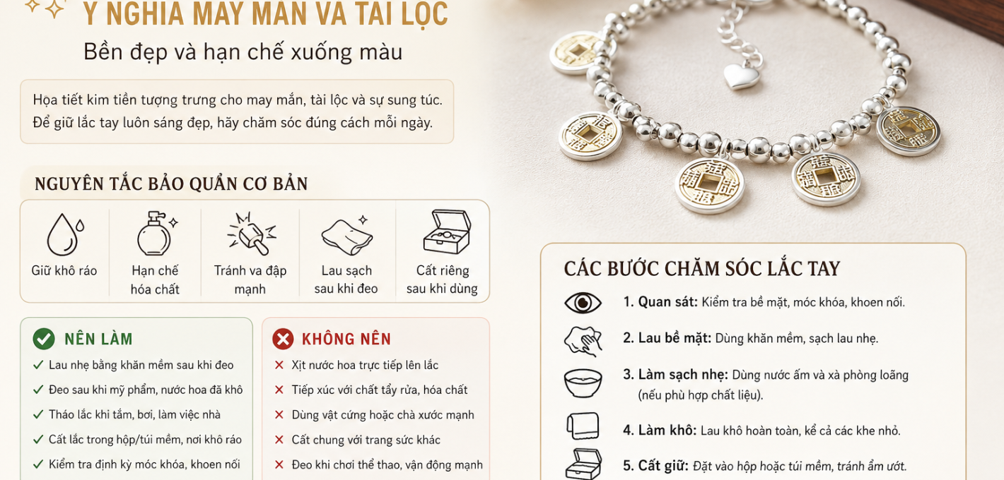 Cách bảo quản Lắc Tay Kim Tiền – Ý Nghĩa May Mắn Và Tài Lộc bền đẹp và hạn chế xuống màu