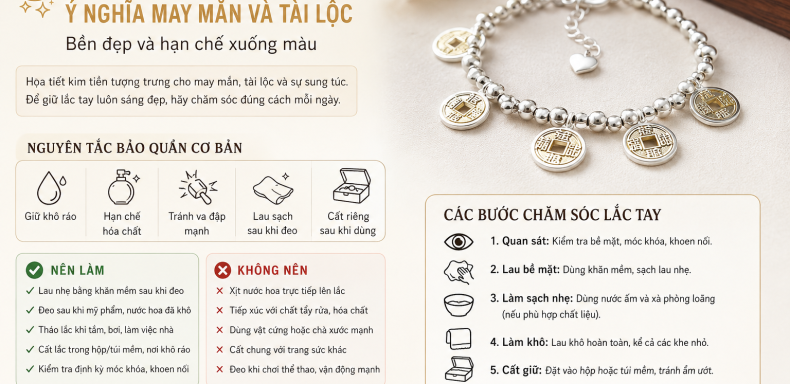 Cách bảo quản Lắc Tay Kim Tiền – Ý Nghĩa May Mắn Và Tài Lộc bền đẹp và hạn chế xuống màu