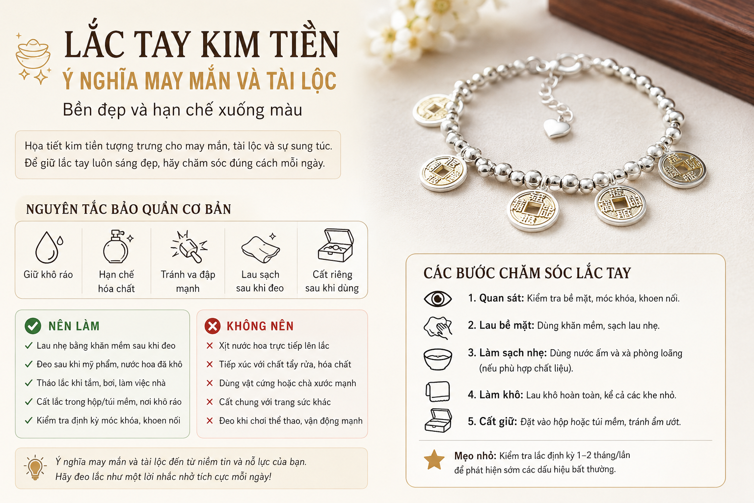 Cách bảo quản Lắc Tay Kim Tiền – Ý Nghĩa May Mắn Và Tài Lộc bền đẹp và hạn chế xuống màu