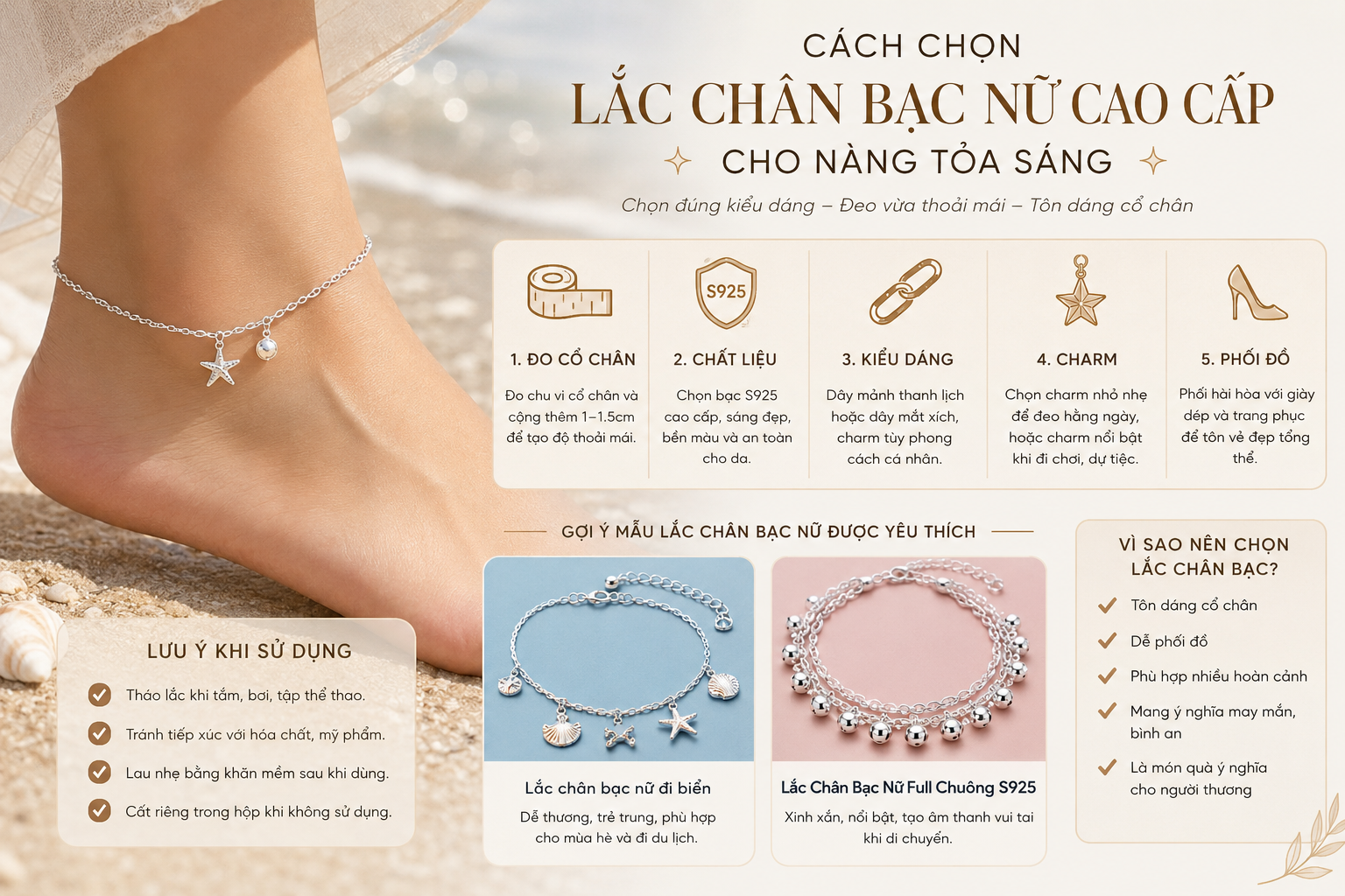 Cách chọn lắc chân bạc nữ cao cấp cho nang toa sáng