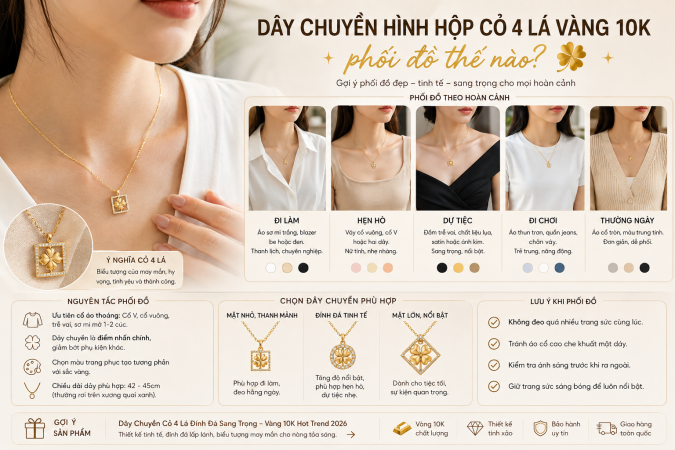 Dây chuyền hình hộp cỏ 4 lá vàng 10K phối đồ thế nào?
