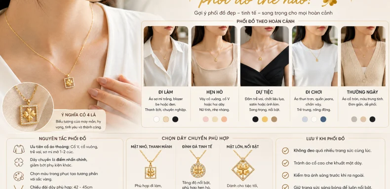 Dây chuyền hình hộp cỏ lá vàng K phối đồ thế nào