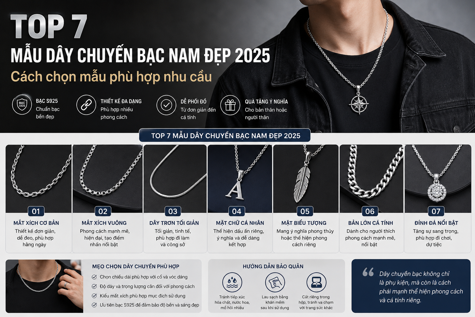 TOP 7 MẪU DÂY CHUYỀN BẠC NAM ĐẸP 2025: Cách chọn mẫu phù hợp nhu cầu