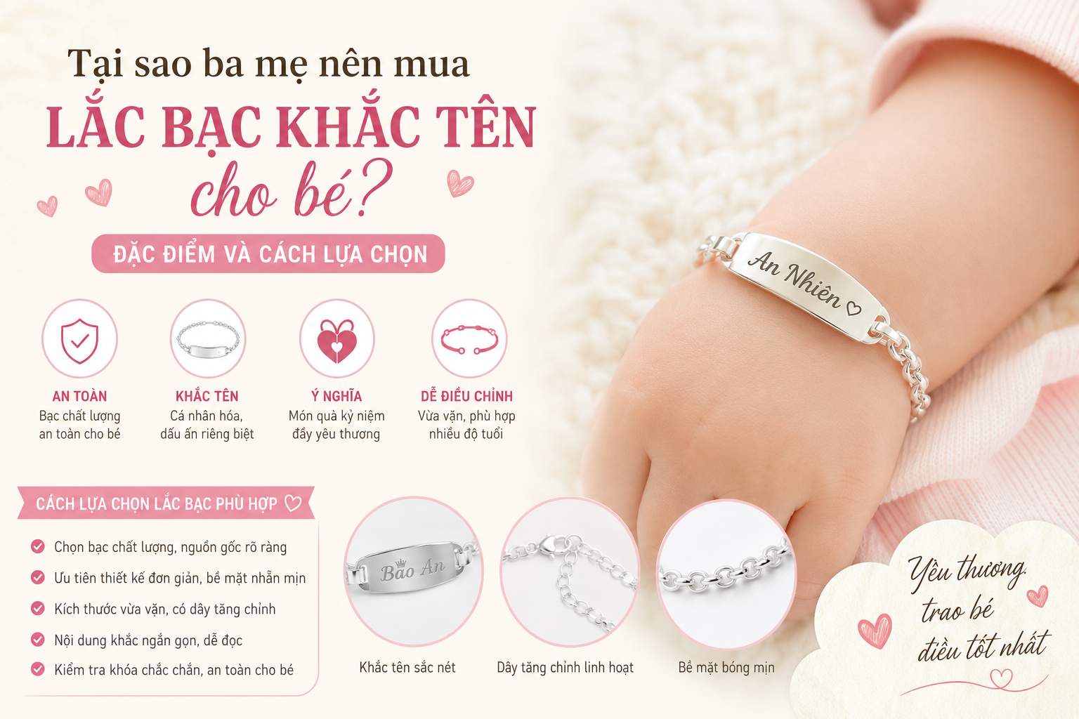 Tại sao ba me nên mua lắc bạc khắc tên cho bé là gì? Đặc điểm và cách lựa chọn